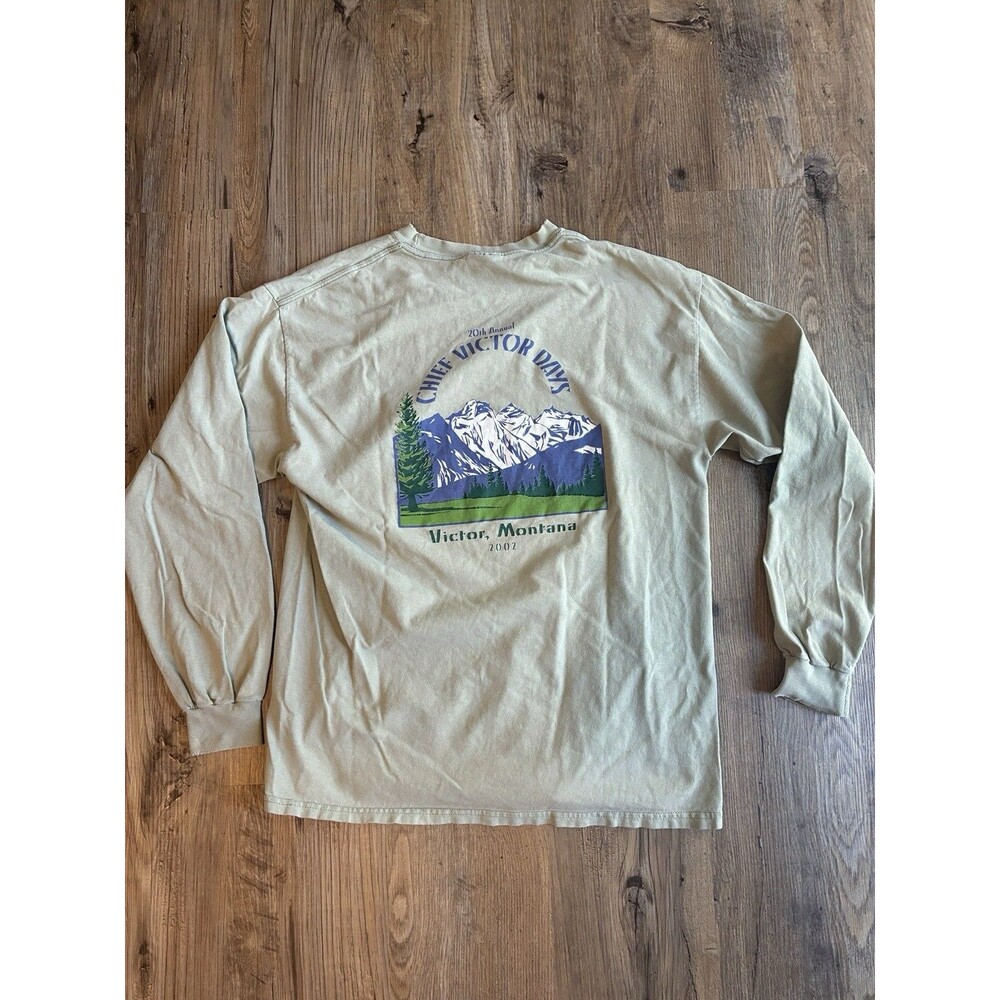 2002 Hanes Beefy-T Chief Victor Days Victor Montana Beige Long Sleeve T-Shirt L